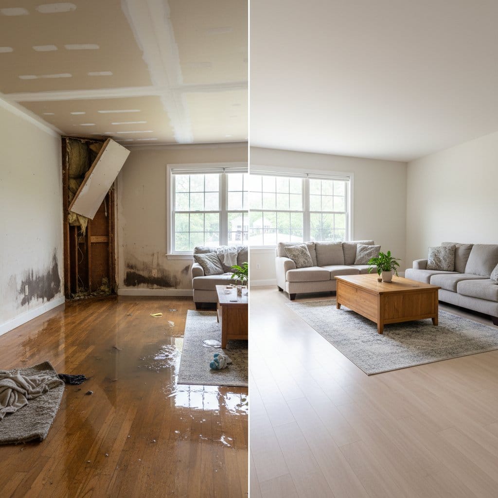 Ridgewood Water Damage Restoration living room restoration before and after in Ridgewood