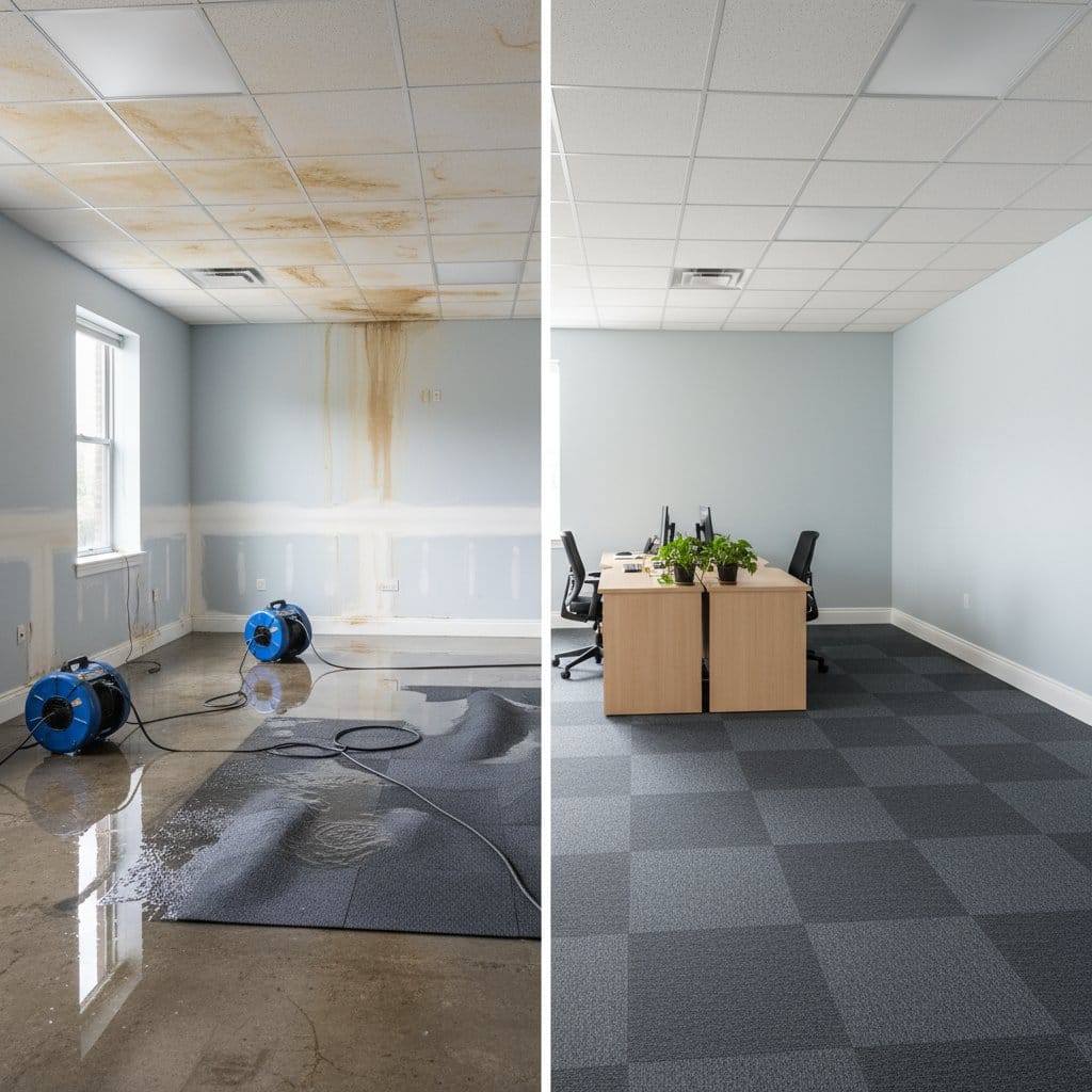 Ridgewood Water Damage Restoration commercial office space restoration before and after in Ridgewood