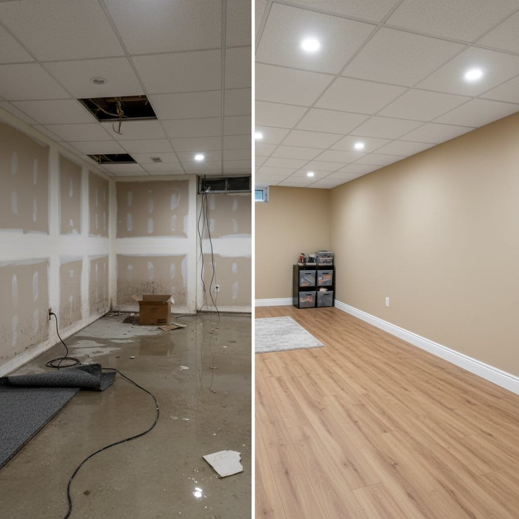 Water Damage Restoration before and after in residential basement, Ridgewood NJ