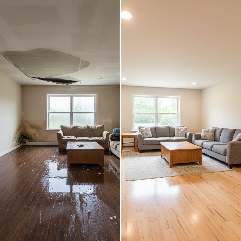 Emergency Water Removal before and after in living room, Ridgewood NJ