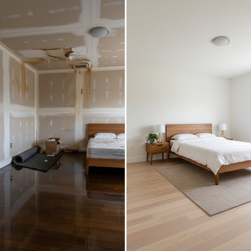 Before and after emergency water removal in Ridgewood two-story residence bedroom