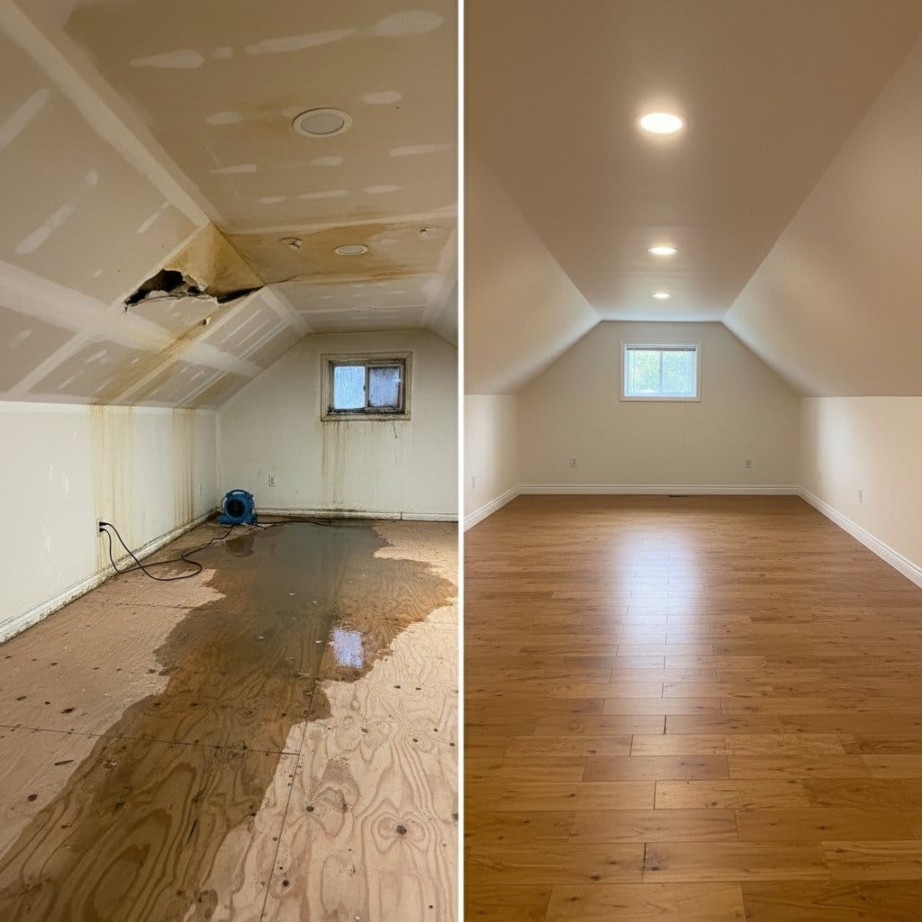 Before and after basement flood cleanup in Ridgewood commercial property attic space