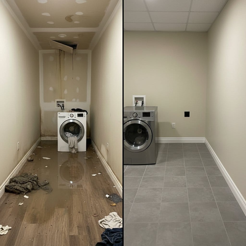 Burst Pipe & Plumbing Leak Damage restoration β laundry room of contemporary home in Ridgewood, NJ