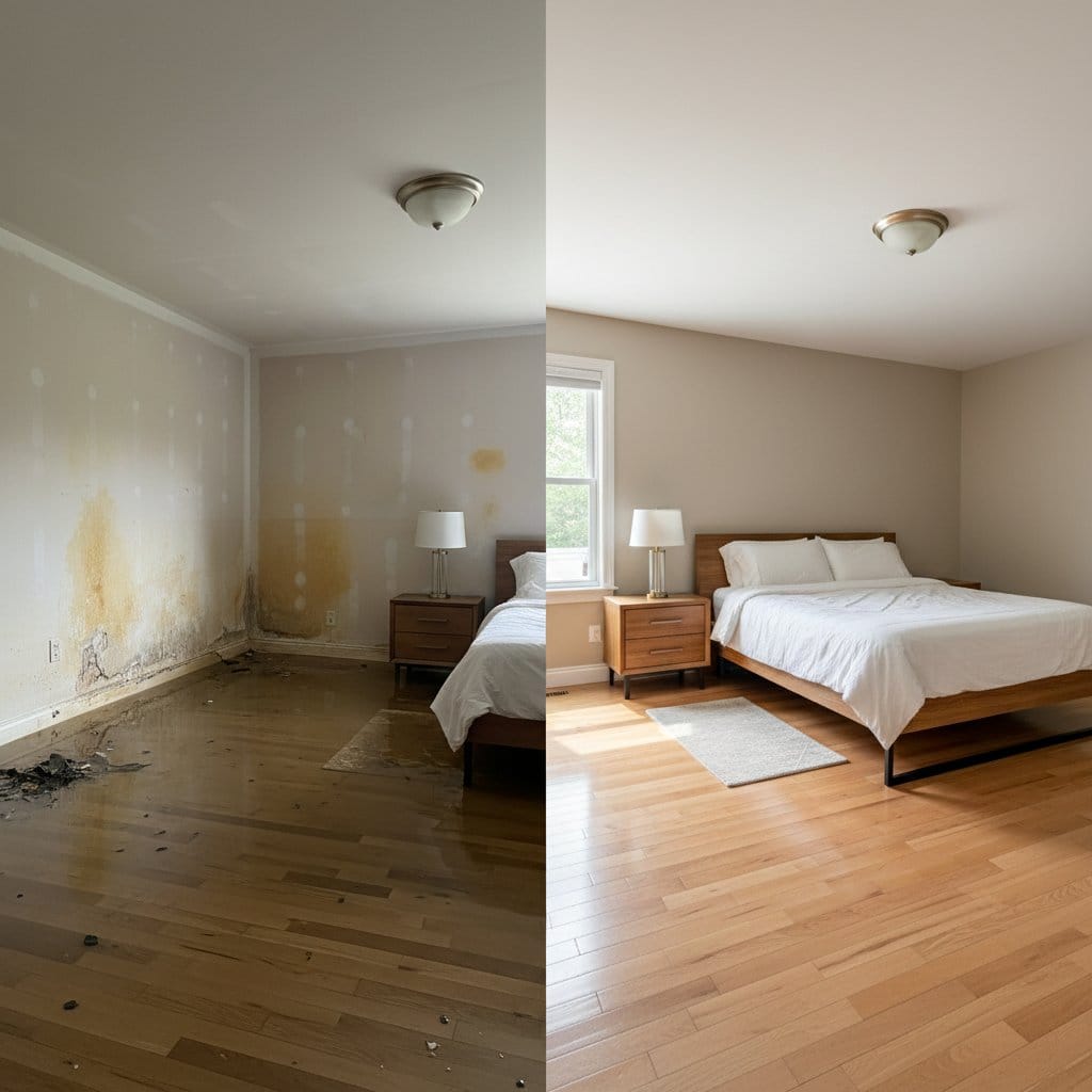 Before and after structural drying & dehumidification in Ridgewood bi-level home bedroom