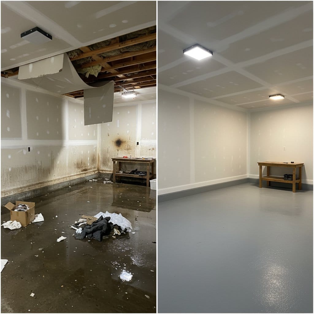 Carpet & Flooring Water Damage Cleanup before and after in garage, Ridgewood NJ