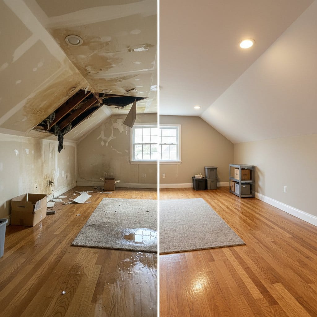 Before and after carpet & flooring water damage cleanup in Ridgewood single-family home attic space