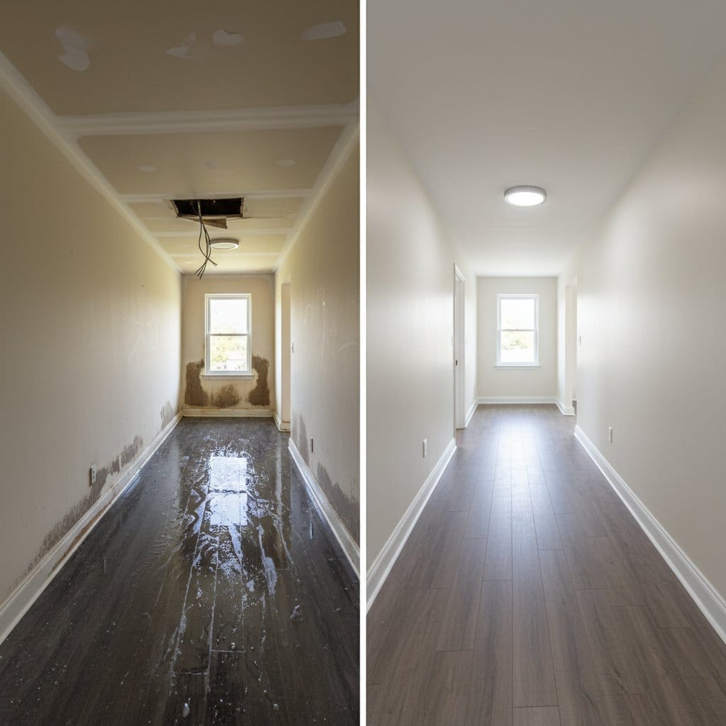 Wall & Ceiling Dry-Out before and after in hallway, Ridgewood NJ