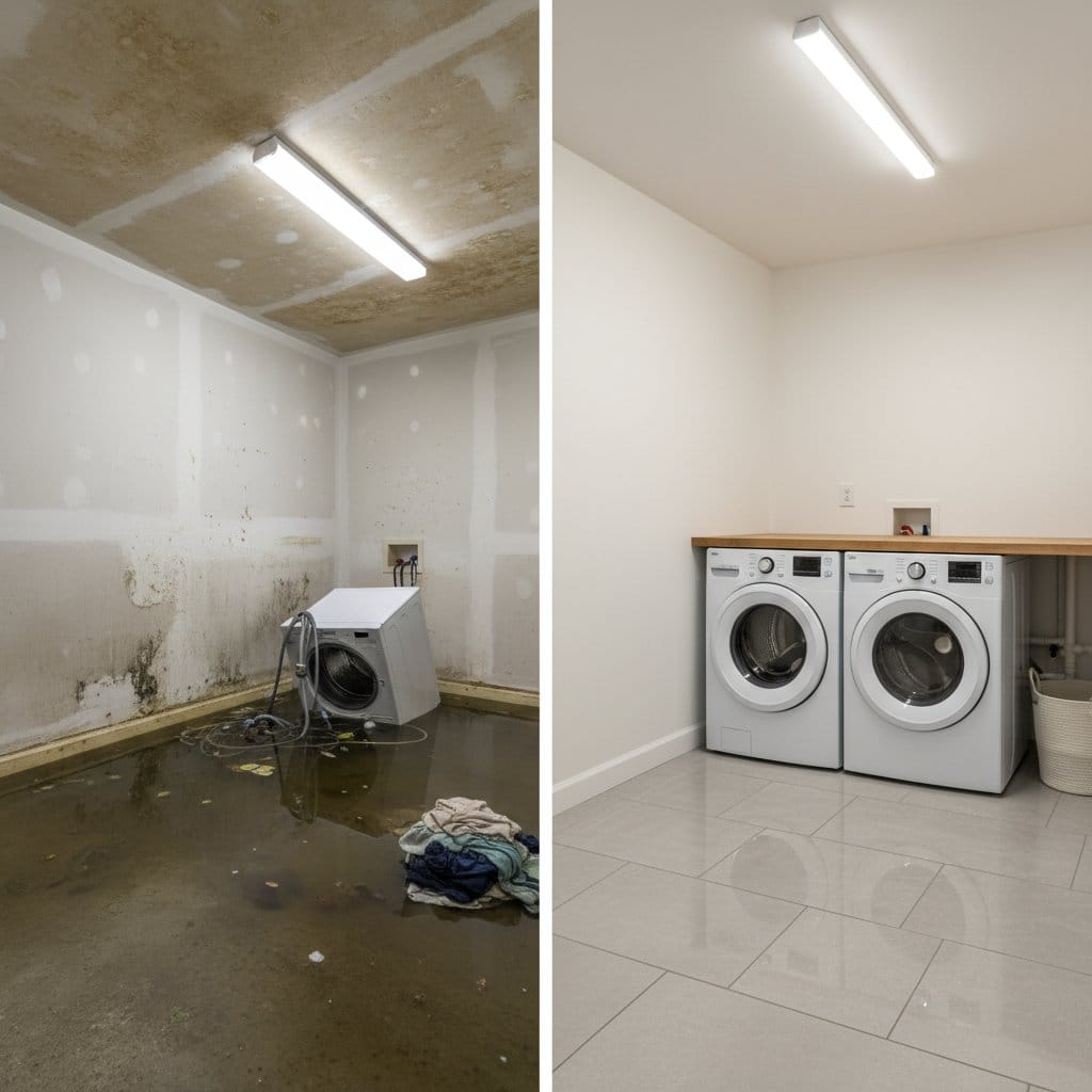Wall & Ceiling Dry-Out restoration — laundry room of Cape Cod house in Ridgewood, NJ