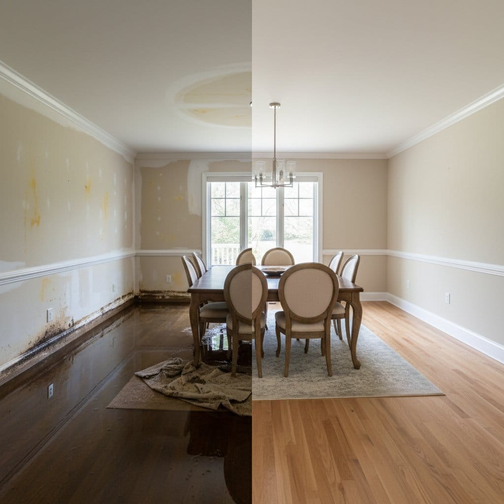Before and after wall & ceiling dry-out in Ridgewood ranch-style home dining room