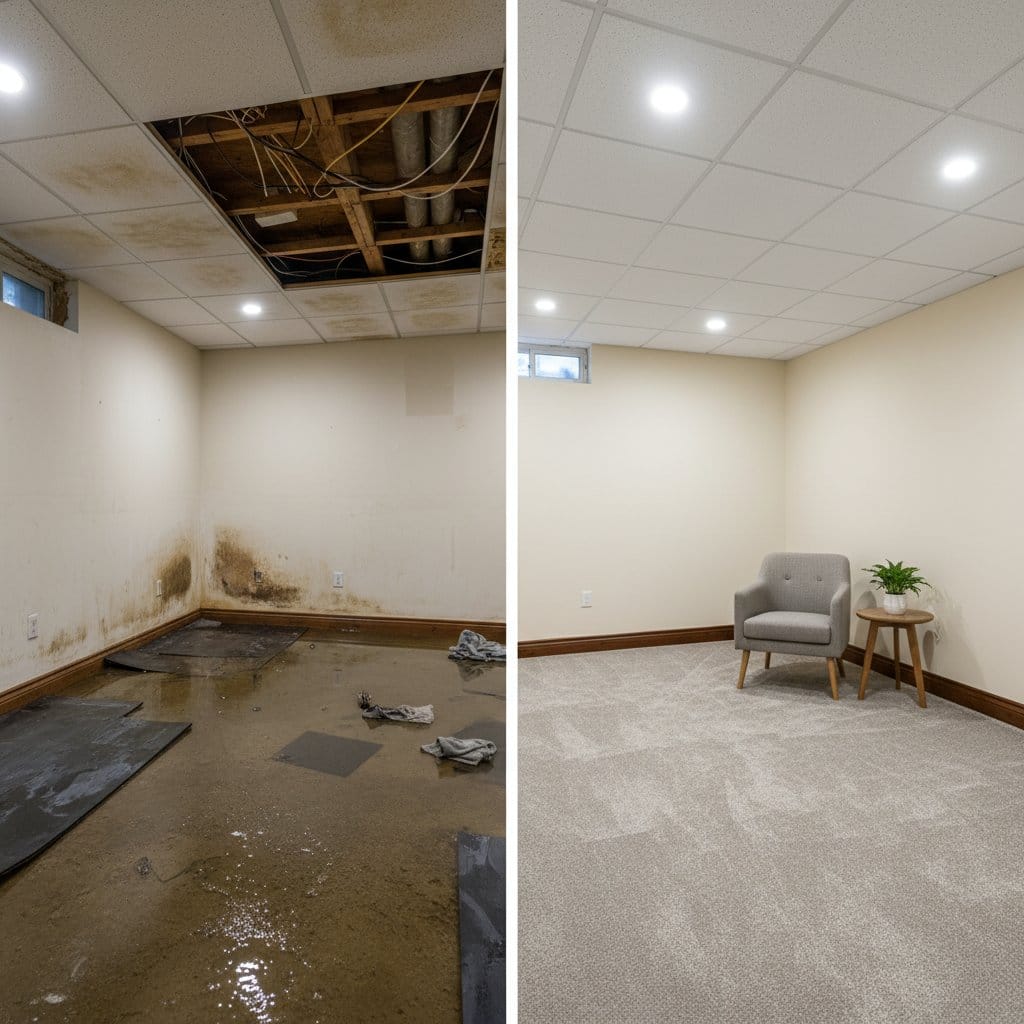 Content Drying & Property Cleanup before and after in finished basement, Ridgewood NJ