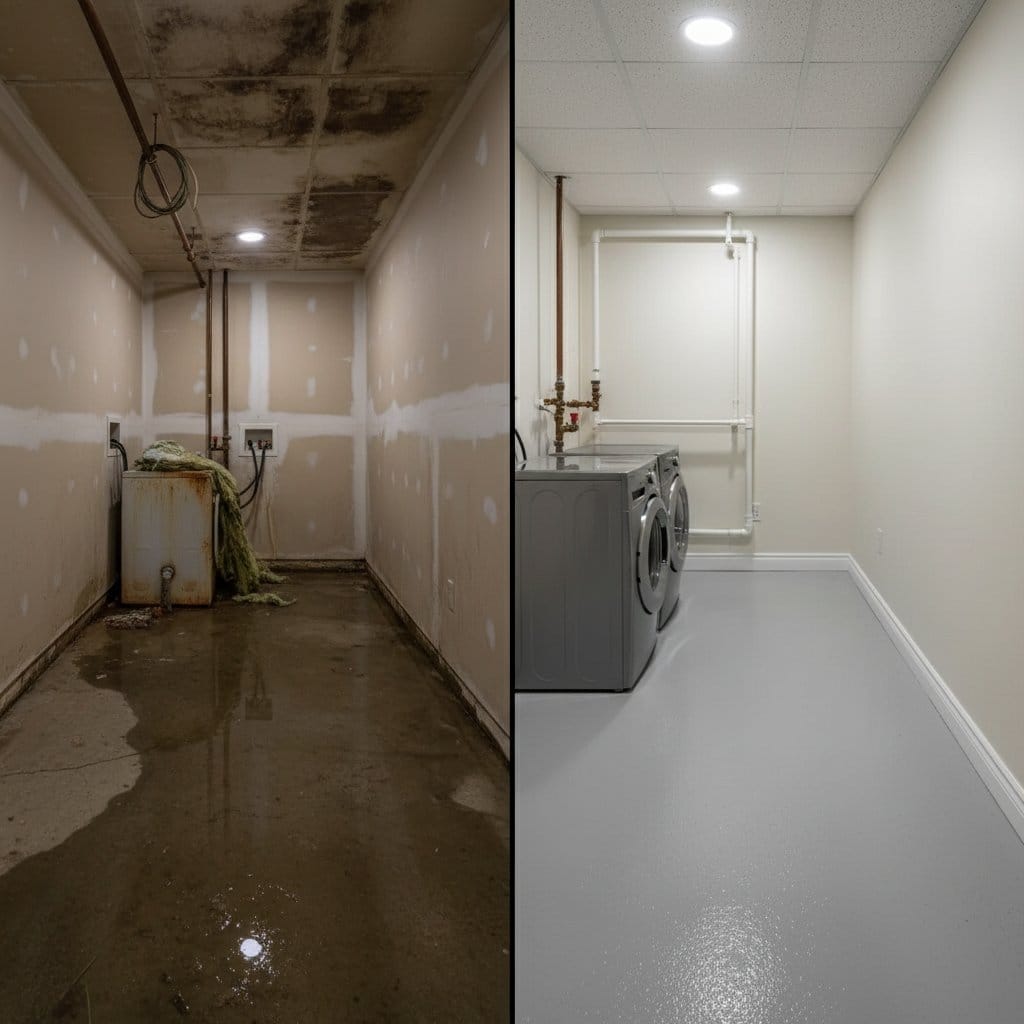 Content Drying & Property Cleanup restoration — utility room of private residence in Ridgewood, NJ