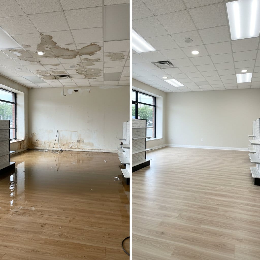 Before and after content drying & property cleanup in Ridgewood townhouse storefront interior