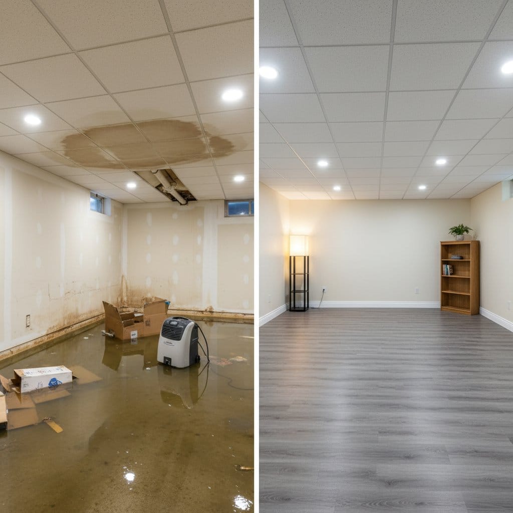 Mold Prevention After Water Damage before and after in residential basement, Ridgewood NJ